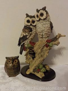 Detailed Owls on a Branch, with a Ceramic Candle Holder