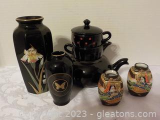 Mid Century Three Stack Teapot, Cream & Sugar Bowl, 4 Japanese Vases