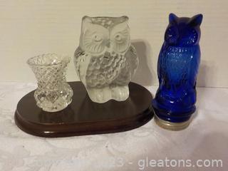 Vintage Viking Glass Owl, Vintage Cobalt Blue Owl Bottle & Crystal toothpick Holder
