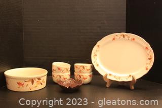 Vintage Superior Hall Autumn Leaf Platter, Bowl, 4 Custard Cups & Brown Leaf Dish 