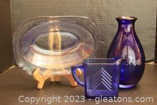 Cobalt Blue Glass Vase, Vintage Chevron Cobalt Blue Glass Creamer & Blue Glass Dish 