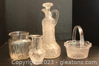 Vintage Cut Glass Decanter , Clear Glass Pitcher, Clear Glass Woven Basket & Vase 