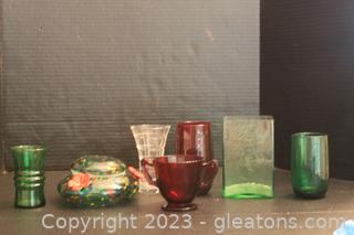 Blown Glass Hummingbird Feeder, Ruby Red Sugar Bowl, 2 Vintage Emerald Green Glasses & 2 Vases 