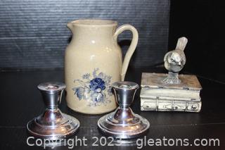 Pitcher, Pair of Silver Toned Candle Holders & Bird Home Decor 