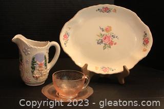 Pink Depression Glass Teacup & Saucers, Rose Oval Serving Plate & More 