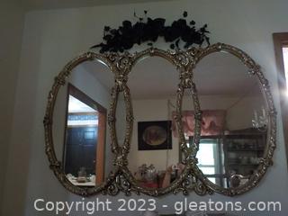 Stunning Vintage Hollywood Regency Triple Oval Wall Mirror