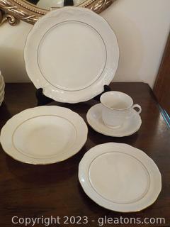 Elegant Gilded White China Set from Gibson Housewares, Service for 8