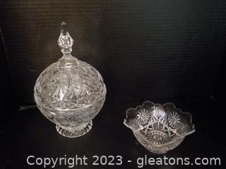 Vintage Pressed Glass Lidded Candy Dish with Scalloped Nut Bowl