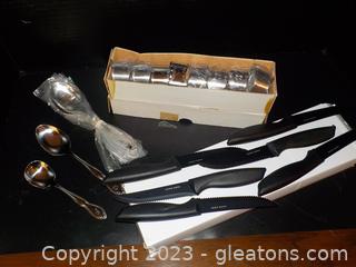 Custom Craft Stainless Soup Spoons-Black, Serrated “Home Hero” Steak Knives; Set of 8 Custom Craft Napkin Rings
