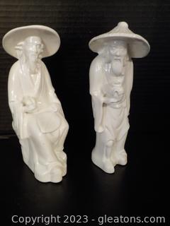 Ceramic Pair of Asian Figures, Glazed in White 