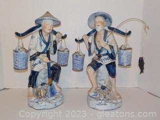 Gorgeous Pair of Vintage Porcelain Asian Fishermen w/Gilding