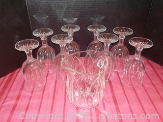 Shiny Vintage Cristal D'arques-Durand Pompano Tulip Clear Pitcher and 8 Glass Set from France
