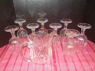 Impress Your Guests! Shiny Vintage Cristal D’arques-Durand “Pompano Tulip” Clear Pitcher and 8 Glass Set from France