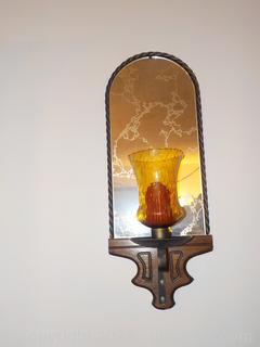 (Only 1 Pictured) Pair of Vintage Wooden Wall Sconces, with Mirrored Back and an Amber Votive Each