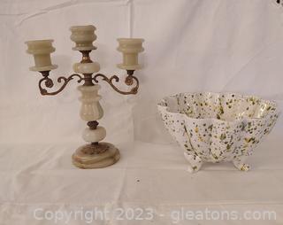 Beautiful Bronze and Onyz Candleholder Paired with Footed Scalloped Bowl