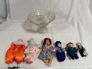 Vintage Jeannette Glass Compote Pedestal Bowl w/Porcelain Face Dolls (Lot of 7) 