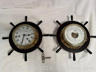Vintage Schatz Royal Mariner Brass 8 Day Ship Clock & Barometer Set. (lot of 2)