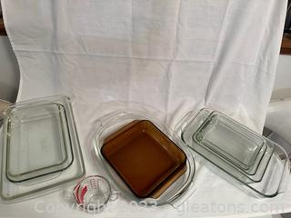 Collection of Glass Baking Dishes Plus Small Measuring Cup (lot of 11)