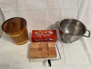 A Collection of Useful Kitchen Items including Collander, Ice Bucket, Cheese Boards & more! (lot of 5)