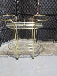 Vintage Oval Brass Toned and Glass Rolling Bar Cart (2-Tier)