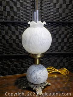 Vintage Mottled White Hurricane Lamp with Brass Base, Accents