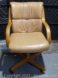 Mid Century Rolling Accent or Office Chair. Wood and Simulated Leather. Camel Color