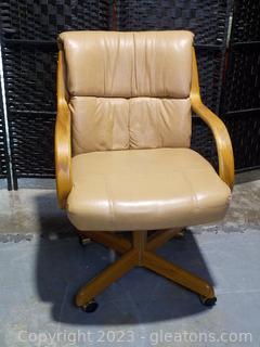 Mid-Century Rolling Accent or Office Chair, Wood and Simulated Leather. Camel Color