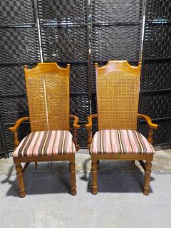 Pair of Vintage Armed Dining Chairs with Rattan Back