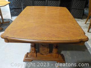 Vintage Wooden Dining Table, W/2 Pedestals, and Nice Burl-like Pattern Around the Perimeter