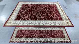 Nice Ruby Red Pattern Area Rug & Matching Runner 