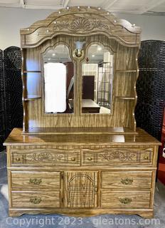 Country Style Seven Drawer Dresser with Lighted Mirror 