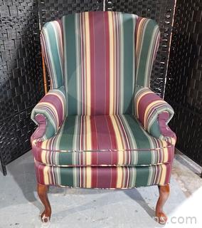 Lovely Striped Queen Anne Style Wing Back Chair