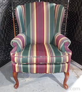 Lovely Striped Queen Anne Style Wing Back Chair