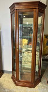 Beautiful Lighted Wood & Beveled Glass Display Cabinet w/Brass Hardware 