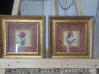 Pair of Contemporary Wall Art Prints with Floral Matting and Distressed Gilded Frames