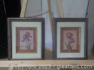 Floral Wall Art Prints, Tulip and Iris, Double Framed and Matted Intricate Pattern on Inner Frame