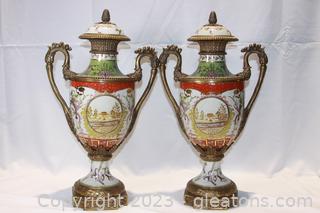 Pair of 18” Porcelain Floral Lidded Vases/Urns