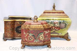 Three Ornate Lidded Storage Decorative Boxes