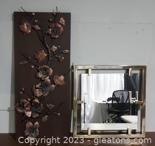 Floral Metal Wall Art Plus Beveled Geometric Mirror