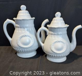 Pair of Antique Elsmore and Forster White Ironstone Teapots in Laurel Wreath Shape