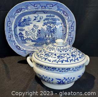 Beautiful Staffordshire Blue and White Stoneware Platter Plus Lidded Soup Tureen