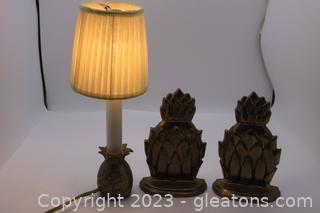 Brass Pineapple Bookends & Brass Pineapple Table Lamp 