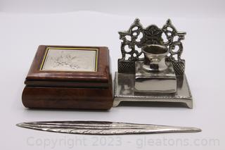 Vintage Metal Ink Well with Metal Quill Letter Opener & Vintage Beautiful Wooden Box 