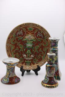 Vintage Hand Painted Chinese Porcelain Candlesticks & Decorative Plate 