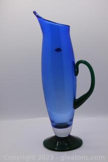 Blenko Handcrafted Blue & Green Footed Art Glass Pitcher 