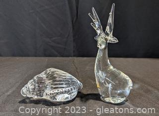 Hand Blown Deer & Conch Sea Shell Glass Art 