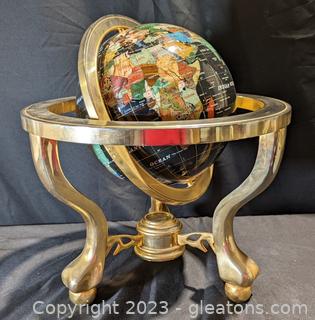 Lovely Gemstone Globe on Brass Stand with Compass 