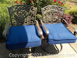 Pair of Outdoor Swivel Rocker Dining Chairs with Navy Cushions   Match 4039A,4041