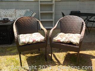 Upscale Pair of Brown Wicker-Look Patio Chairs with Tie-on Cushions