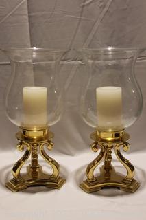 Elegant Pair of Brass & Glass Hurricane Candle holders